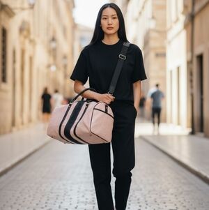 Steve Madden Light Pink Leather Duffle Bag With Black Strap